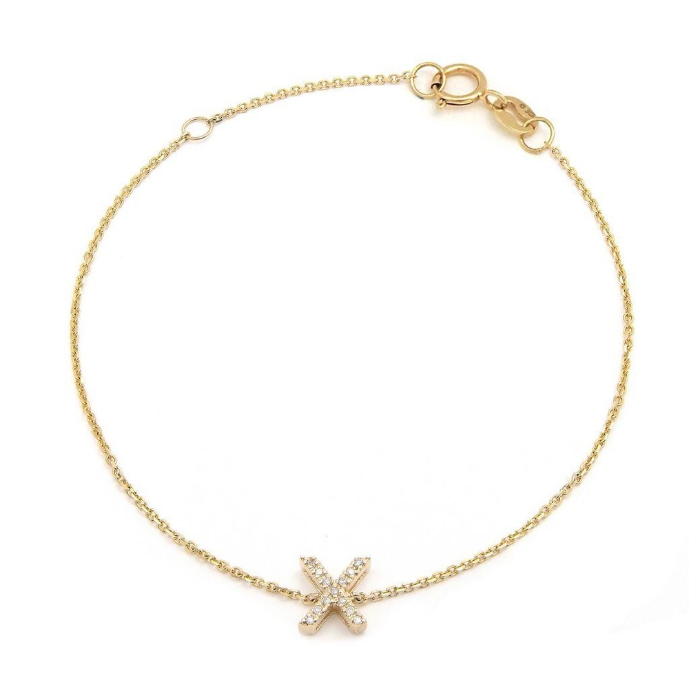14K Real Yellow Gold Initial ”X” Single Prong Diamond Bracelet 7+1″